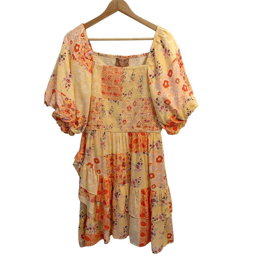 JessaKae Tweedle Dee Mini Dress L Floral Patchwork Smocked Puff Sleeve Boho NWT - Picture 2 of 12
